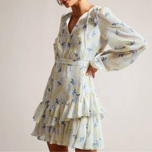 Ted Baker London Floral Mini Dress in Blue and Cream